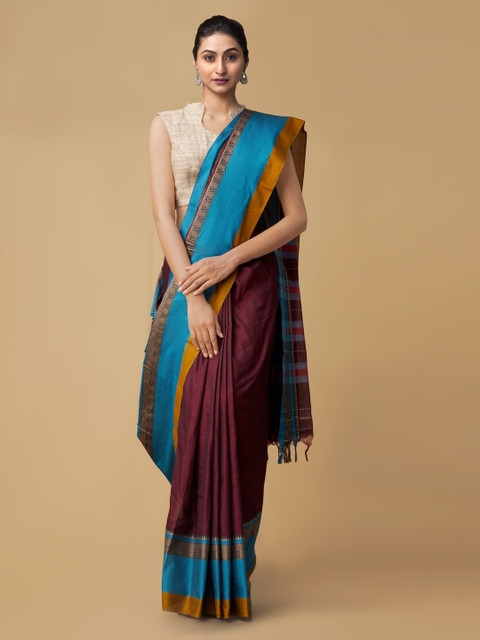 

Unnati Silks Maroon & Blue Pure Cotton Colourblocked Handloom Narayan Peth Saree
