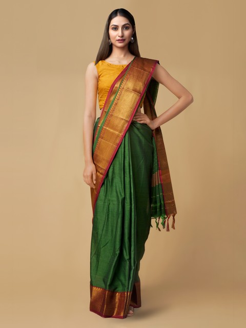 

Unnati Silks Green Pure Cotton Solid Handloom Narayan Peth Saree