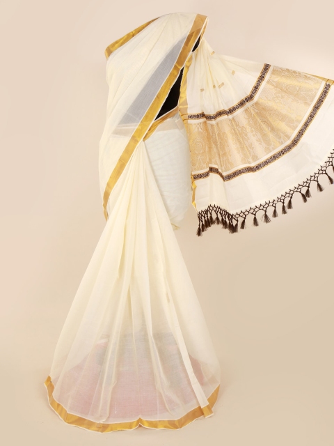 

Pothys Off-White & Gold-Toned Pure Cotton Solid Saree