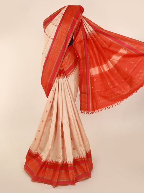 

Pothys Cream-Coloured & Orange Pure Silk Woven Design Kanjeevaram Saree