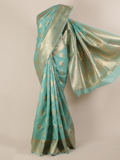 Pothys Sea Green & Gold-Toned Jute Silk Printed Saree