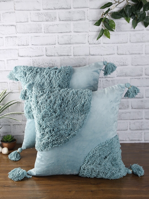 

eyda Set of 2 Turquoise Blue Textured Square Velvet Sustainable Cushion Covers