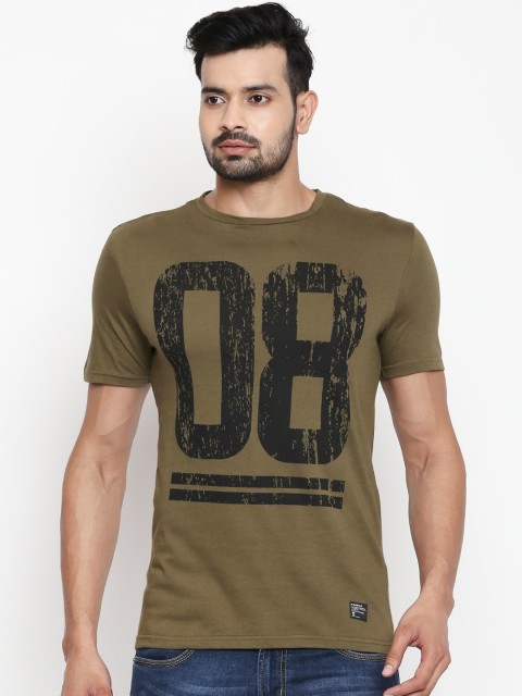 

People Men Olive Green Printed Round Neck Cotton T-shirt