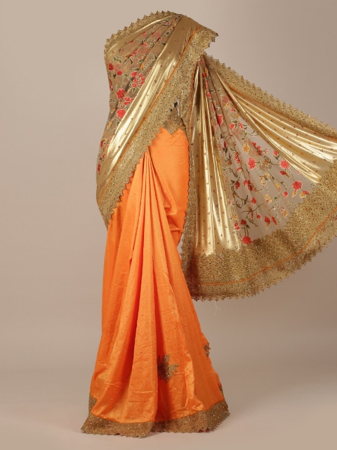 

Pothys Gold-Coloured & Orange Jute Silk Embellished Saree