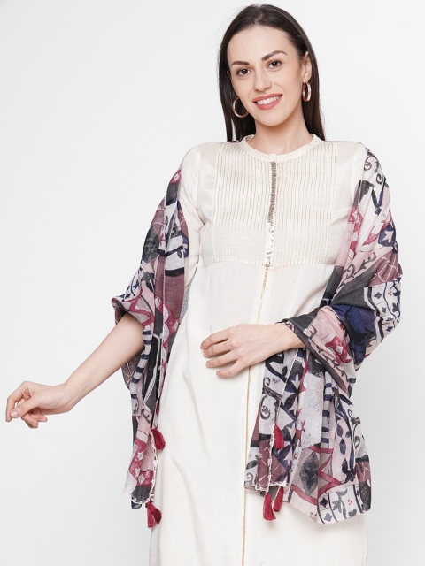 

Get Wrapped Women Grey & Pink Printed Scarf Tasselled Border