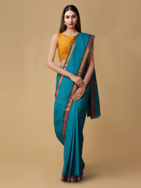 

Unnati Silks Blue & Gold-Toned Pure Cotton Solid Kanjeevaram Saree