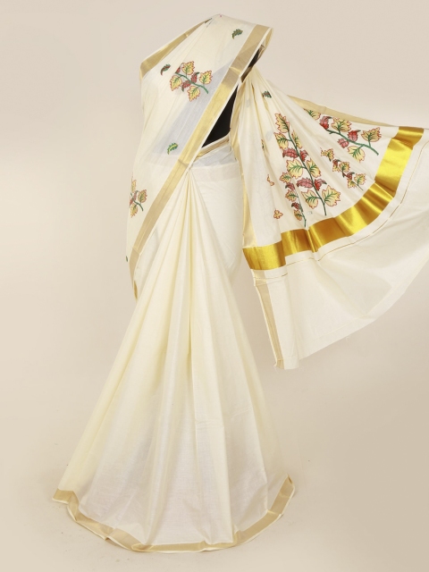 

Pothys Off-White & Gold-Toned Pure Cotton Embroidered Saree