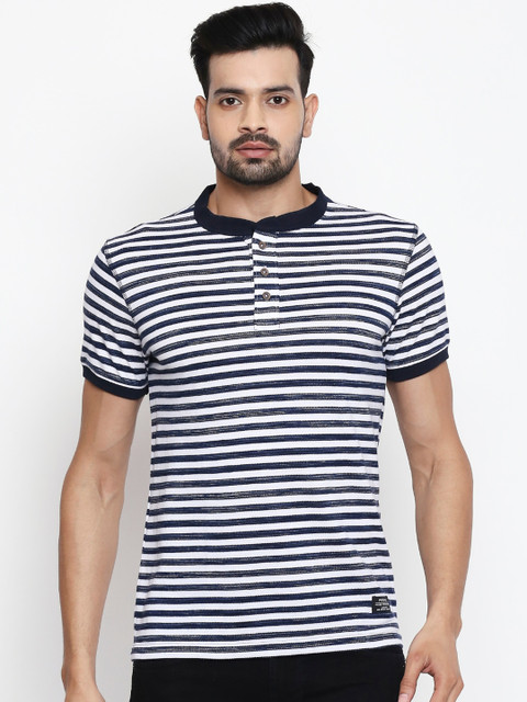 

People Men Navy Blue White Striped Cotton Henley Neck Pure Cotton T-shirt