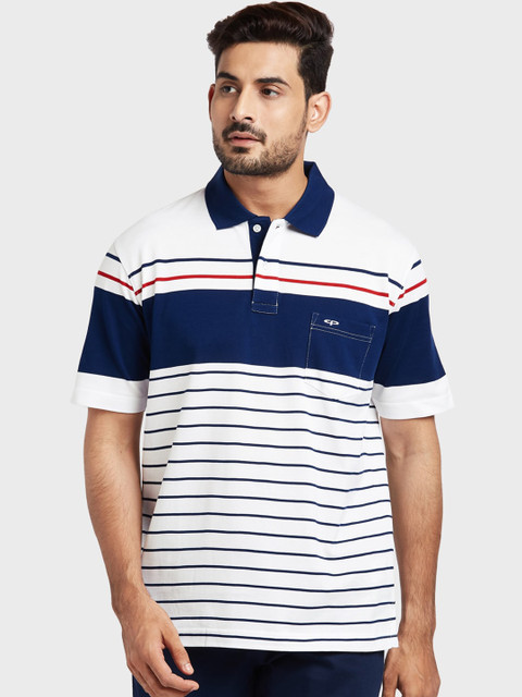 

ColorPlus Men White & Navy Blue Striped Polo Collar T-shirt
