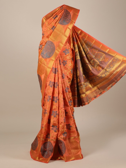 

Pothys Orange & Blue Jute Silk Floral Woven Design Saree