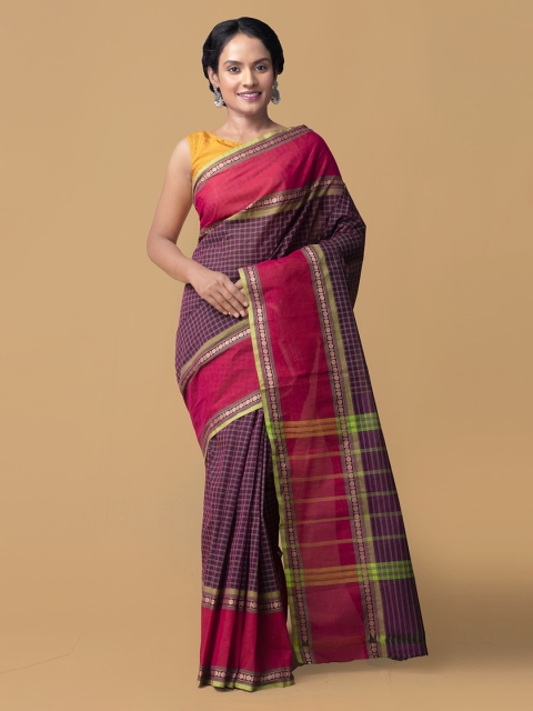 

Unnati Silks Purple & Pink Pure Cotton Checked Chettinad Saree
