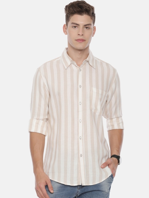 

QUANCIOUS Men Beige Regular Fit Striped Organic Cotton Casual Shirt