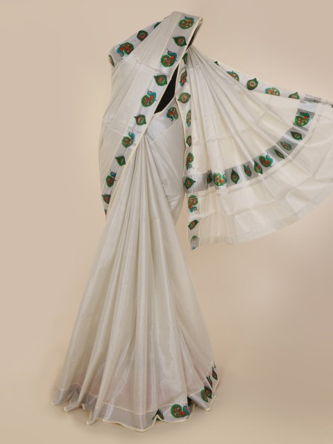 

Pothys Off-White & Silver-Toned Pure Cotton Solid Kasavu Saree