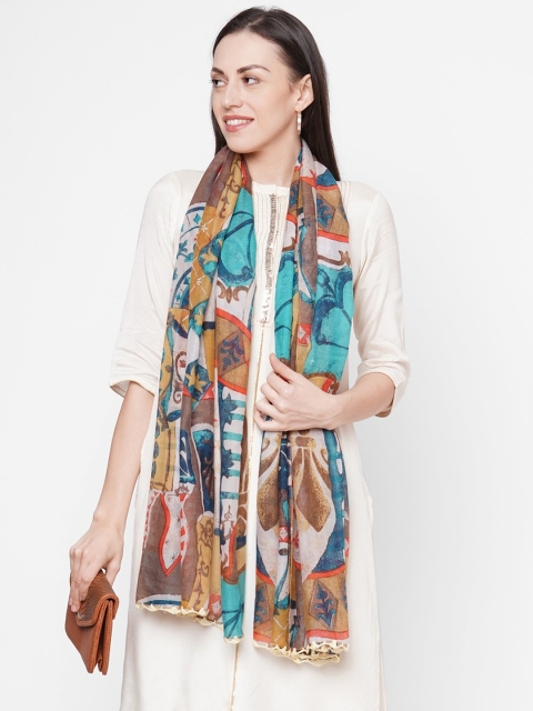 

Get Wrapped Women Blue & Yellow Printed Scarf with Crochet Border