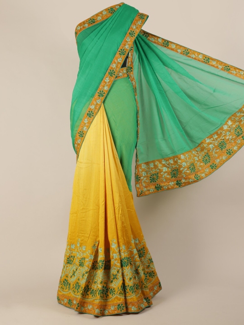 

Pothys Green & Yellow Jute Silk Solid Saree