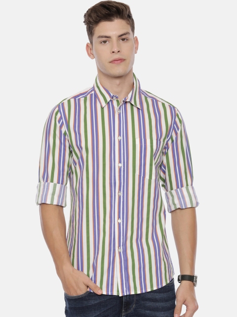 

QUANCIOUS Men Lavender & Green Regular Fit Striped Organic Cotton Casual Shirt