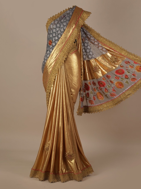 

Pothys Grey & Gold-Toned Jute Silk Colourblocked Saree