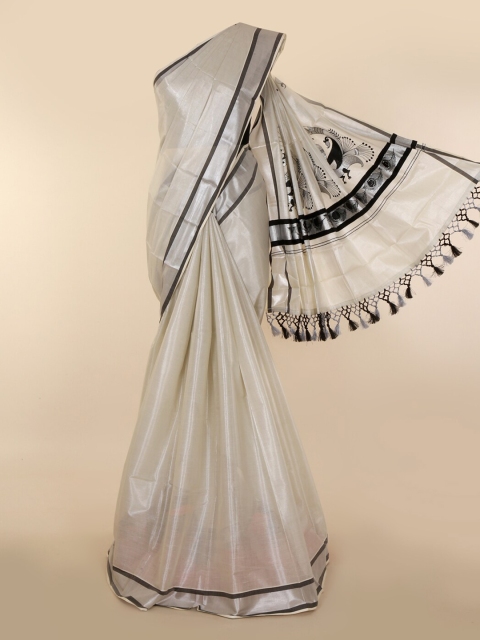 

Pothys Off-White & Beige Pure Cotton Solid Kasavu Saree