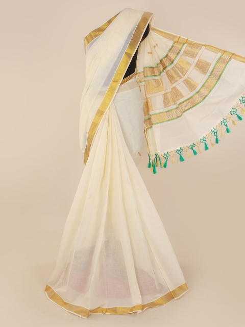 

Pothys Off-White & Gold-Toned Pure Cotton Solid Saree