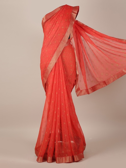 

Pothys Red & Mustard Yellow Poly Georgette Woven Design Saree