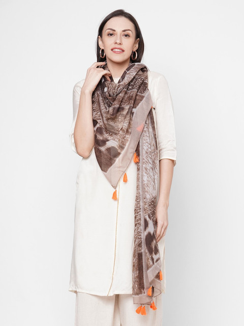 

Get Wrapped Women Brown Printed Scarf with Tasselled Border