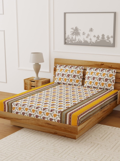 

LIVING ROOTS White & Yellow Floral Printed 144TC Cotton Double Bedsheet with 2 Pillow Covers