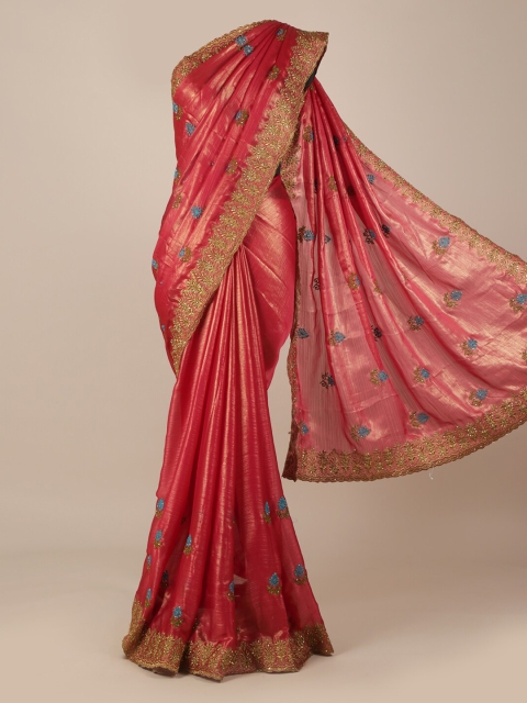 

Pothys Magenta & Gold-Toned Poly Georgette Embroidered Saree