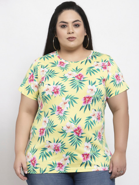 

plusS Women Yellow Printed Round Neck T-shirt