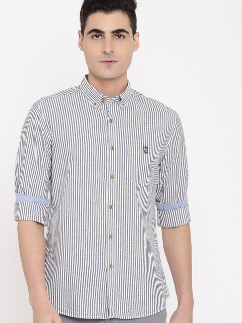 

True Blue Men Grey & White Regular Fit Striped Casual Shirt