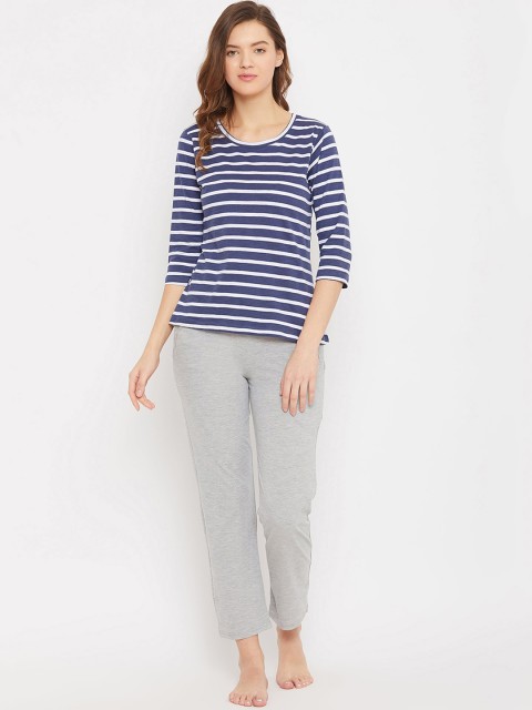

Clovia Women Blue & Grey Striped Night suit
