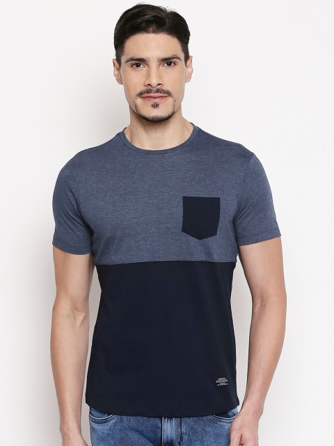 

People Men Navy Blue Colourblocked Round Neck Cotton T-shirt
