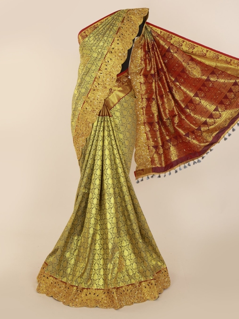 

Pothys Olive Green & Gold-Toned Pure Silk Woven Design Kanjeevaram Saree