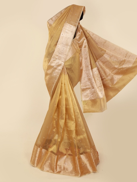 

Pothys Gold-Toned Polycotton Checked Banarasi Saree