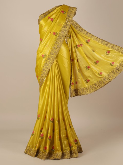 

Pothys Yellow Embroidered Poly Georgette Saree