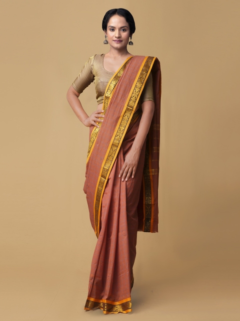

Unnati Silks Brown Pure Cotton Solid Handcrafted Chettinad Saree