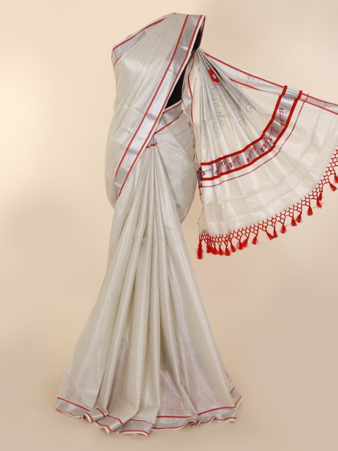 Pothys Off-White & Beige Pure Cotton Solid Kasavu Saree