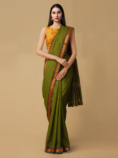 

Unnati Silks Green Pure Cotton Solid Venkatgiri Saree