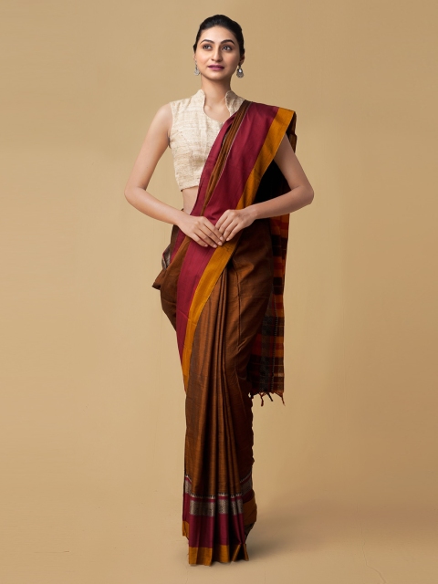 

Unnati Silks Brown Pure Cotton Solid Handloom Narayan Peth Saree