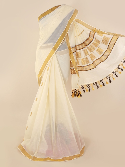 

Pothys Off-White & Gold-Toned Pure Cotton Solid Saree