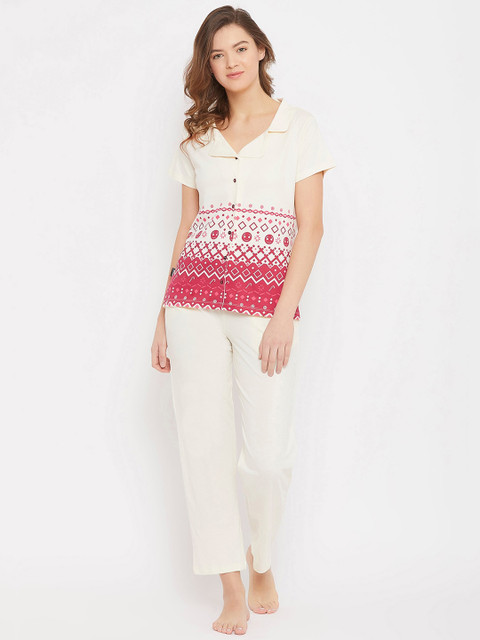 

Clovia Women Cream-Coloured & Red Geometric Printed Night Suit