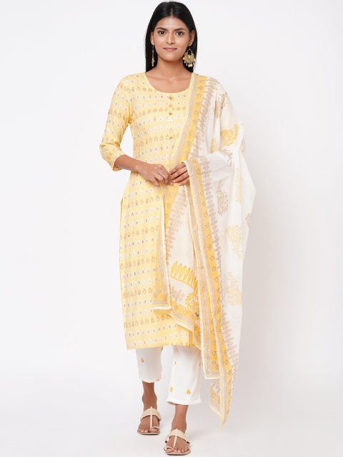 

FASHOR Women Yellow & White Printed Kurta with Trousers & Dupatta