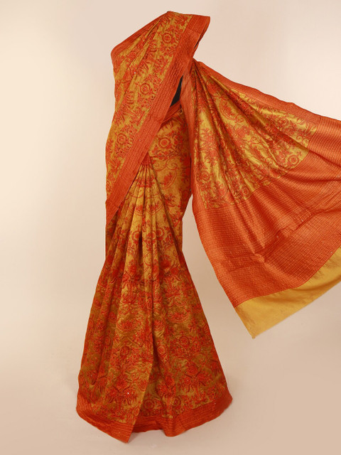 

Pothys Mustard Yellow & Orange Jute Silk Embellished Saree