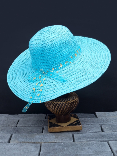 

Golden Peacock Women Blue Woven-Design Straw Sun Hat