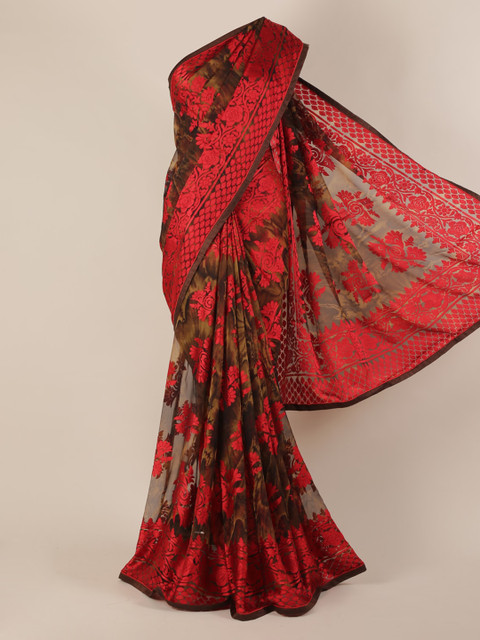 

Pothys Brown & Red Poly Chiffon Printed Saree