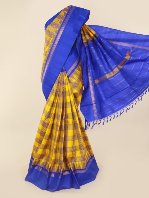 

Pothys Yellow & Blue Pure Silk Checked Kanjeevaram Saree