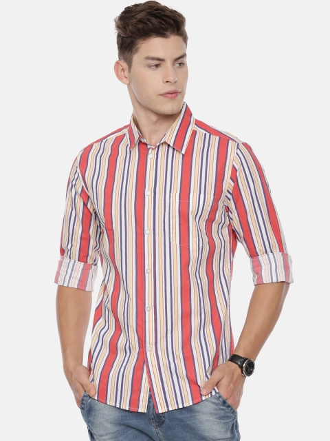 

QUANCIOUS Men Orange & Pink Regular Fit Striped Organic Cotton Casual Shirt