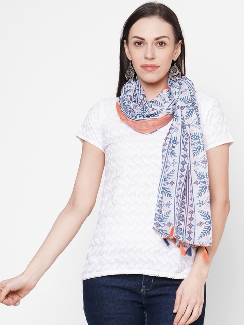 

Get Wrapped Women Blue & White Printed Scarf Tasselled Border