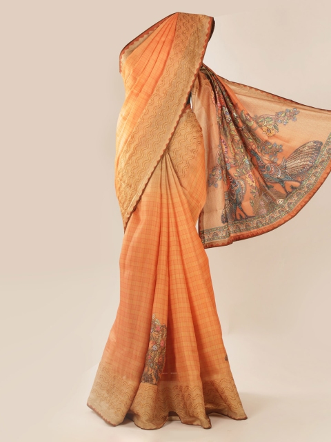 

Pothys Orange Checked Jute Silk Saree