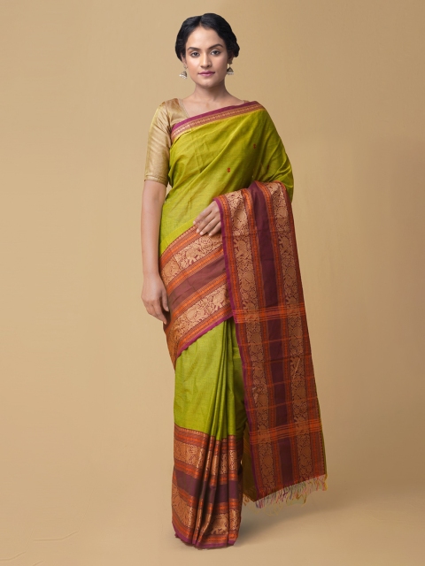 

Unnati Silks Green Pure Cotton Solid Handloom Kanjeevaram Saree