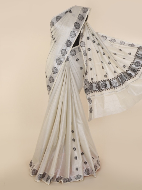 

Pothys Off-White & Black Pure Cotton Printed Kasavu Saree
